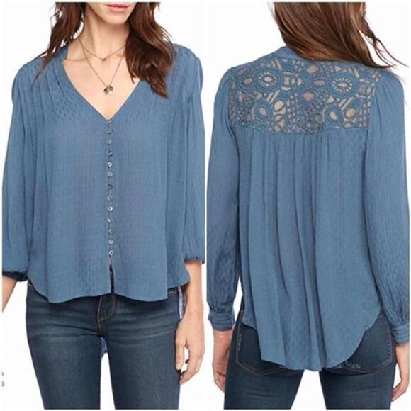 Free People Blue XSmall V-Neck Long Sleeves Canyon Rose Peasant Blouse women’s b - Picture 13 of 13
